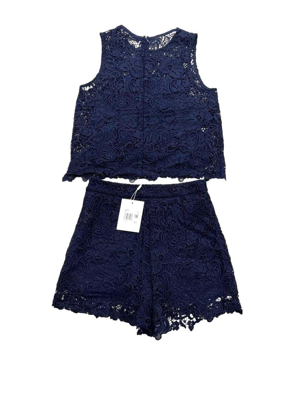 Endless Rose Navy Lace Two Piece Set Crop Top & High Waist Shorts Navy Small
